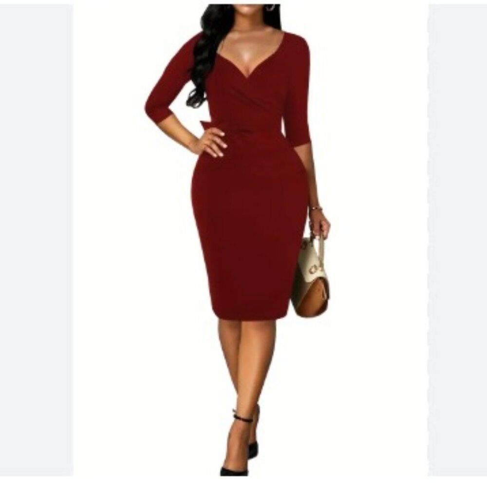 MUXXN Womens Vintage Faux Wrap V Neck 3/4 Sleeve Formal Classic Party Work Dress